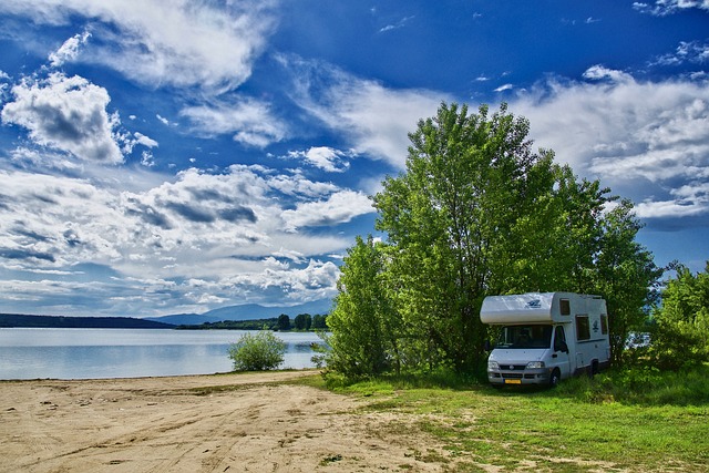 RV parked under a large tree in the shade next to a lake