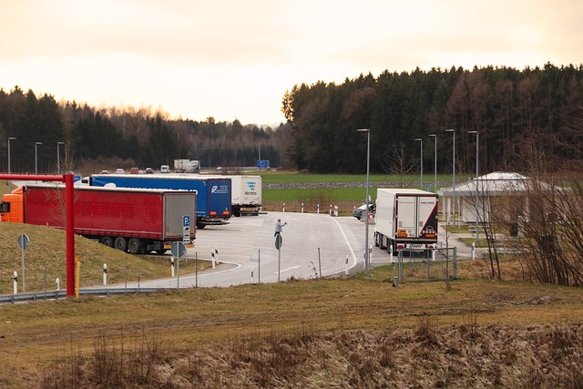 Rest stop with trucks and RVs parked at it